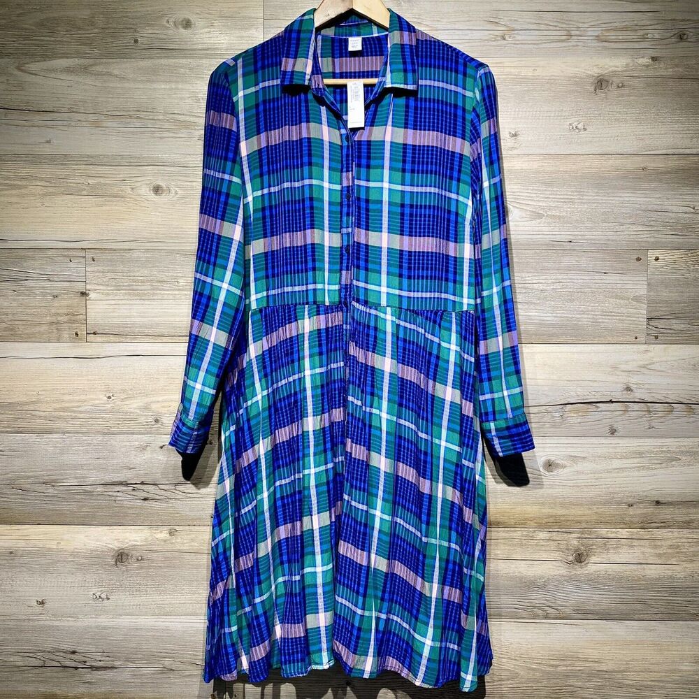 Old Navy Multicolor Plaid Button Shirt Dress Crinkle Sz. L Petite Knee Length